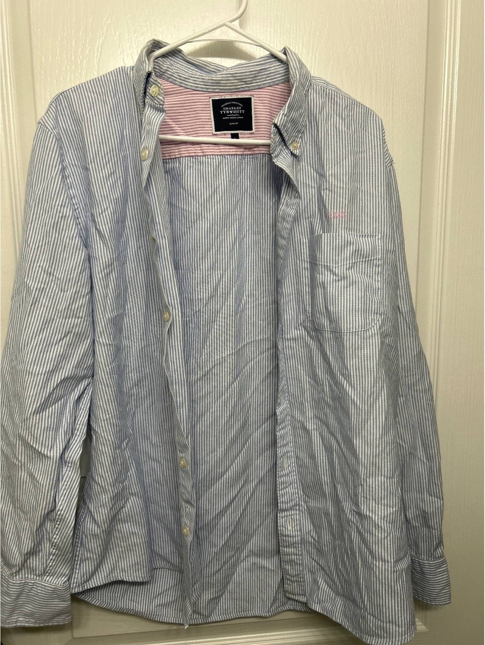 Charles Tyrwhitt Slim Fit Blue and White Striped Dress Shirt with Pink Accent